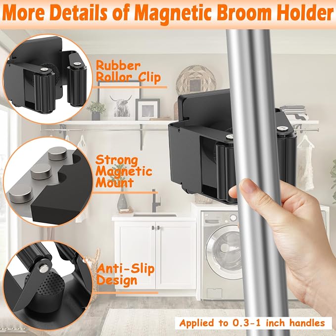 Strong Magnetic Mop Broom Holder, 4 Pack | Heavy Duty Magnetic Mop Hanger, For Refrigerators,Laundry Room Garage Kitchen Workshops