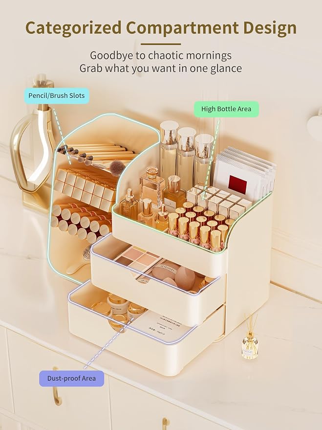 Booklov Small Makeup Organizer for Vanity Countertop, Cream | Plastic Cosmetic Display Case with Drawers, Beauty Brush Holder for Bathroom Counter, Skin Care Perfumes Storage