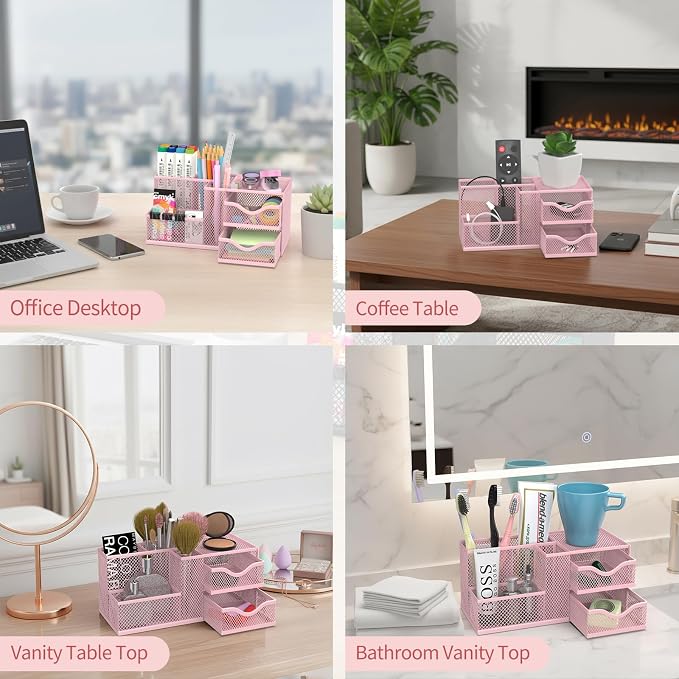 Mesh Desk Organizer with 2 Drawers, Metal Pen Holder for Desk, Pink | Versatile Storage for Pens, Notes, Clips, Desk Accessories and Office Supplies for School Office Classroom