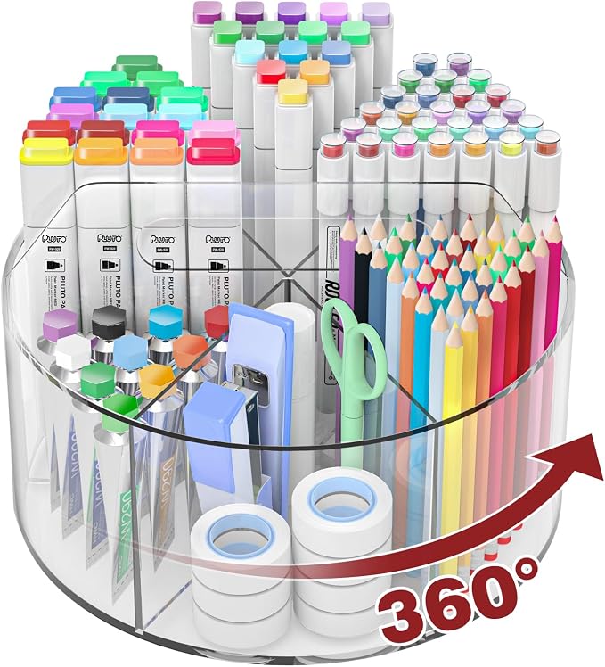 250pcs Acrylic Pencil Holder Marker Organizer, 360-Degree Rotating Pen Holder, Crayon Organizers for Kids Pencil Organizer Caddy Art Supply Lazy Susan Organizer for Desk Home School Office