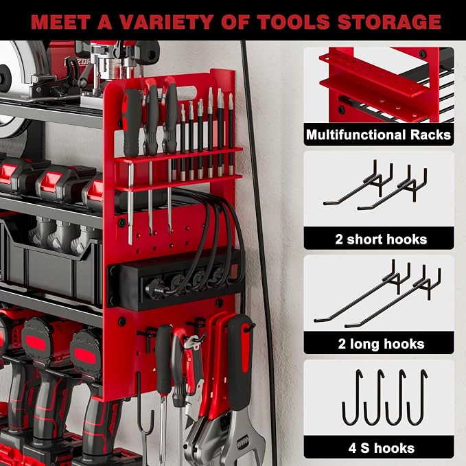 Power Tool Organizer Wall Mount, 12-Drill 4-Tier Charging Station, Red | Heavy-duty 4-Tier Metal Rack Stores 12 Drills; Side Pegboards and Screwdriver Slots Add Storage, Plus a 4-Outlet Power Strip