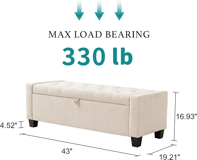 Huatean Home 43" Ottoman with Storage, Beige Storage Ottoman Bench | Upholstered Entryway Bench with Seating for Bedroom, Living Room, with Safety Hinge Holds up to 330 lb
