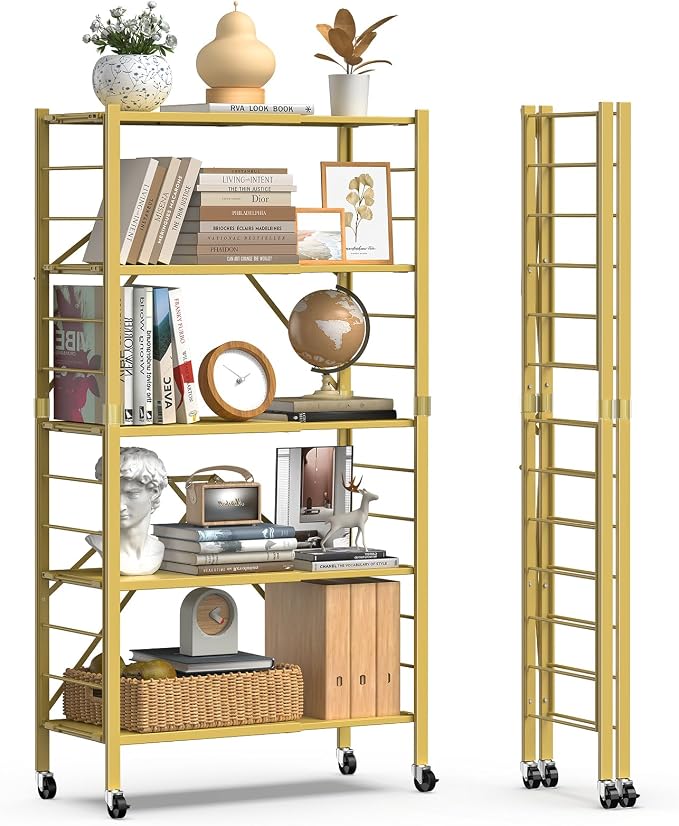 Himix 5-Tier Storage Shelf with Wheels Foldable Expandable Adjustable Gold