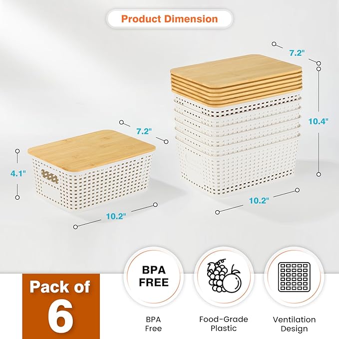 Ohmlove Plastic Storage Baskets With Bamboo Lid - Plastic Storage Containers Stackable Storage bins: Storage Baskets for Organizing Shelves Drawers Desktop Closet Playroom Classroom Office, 6 Pack
