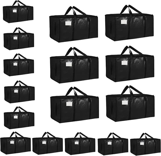16 Pack-Extra Large Heavy Duty Moving Bags - Waterproof Storage Totes with Handles & Zippers, Foldable for College Dorm, Storage (Black)