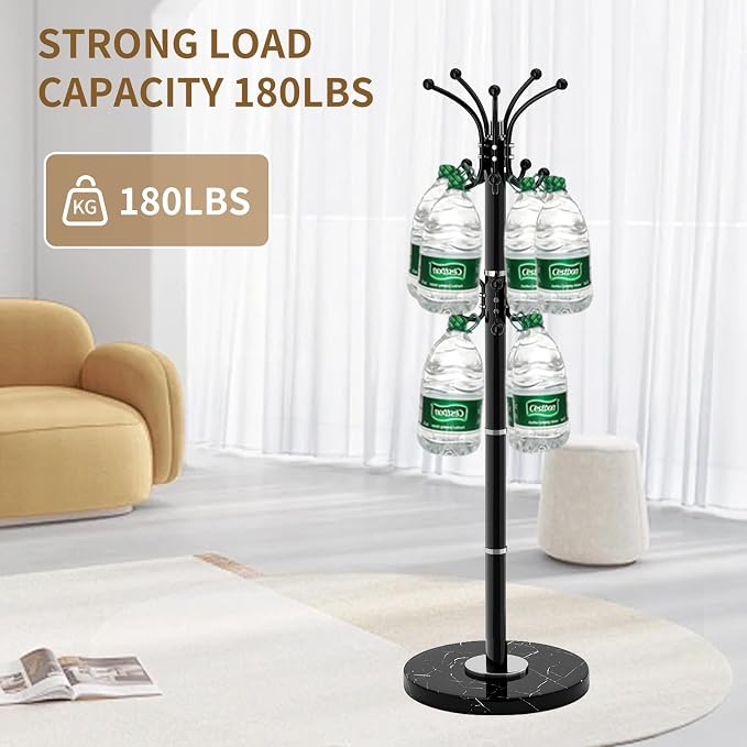 Metal Heavy Duty Coat Rack Stand, Modern Freestanding Coat Rack with Natural Marble Base, 360° Roraty Coat Racks with 16 Hooks, Black Coat Hall Tree Hanger Stand for Entryway, Office