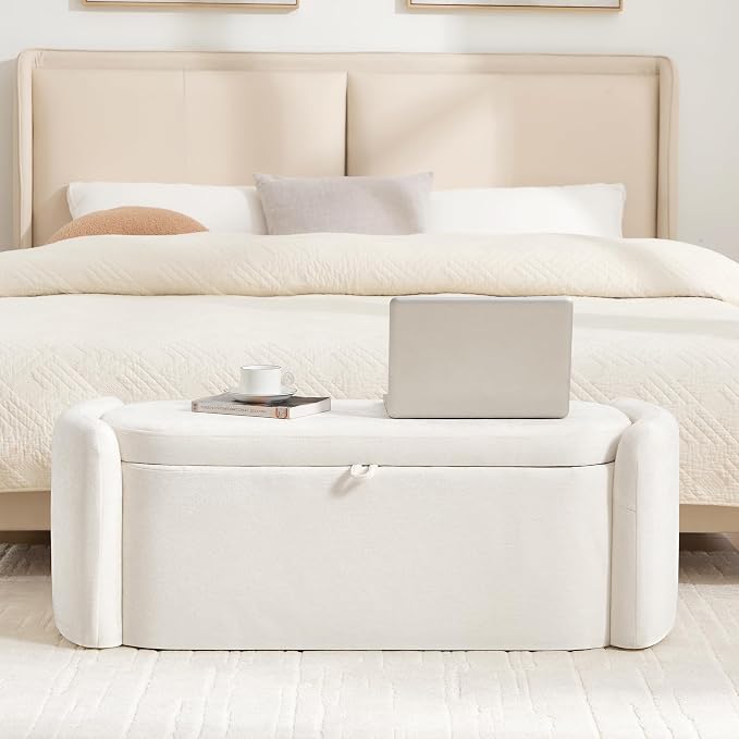 Oval Ottoman Bench with 20 Gal Storage Space Upholstered Chenille Seating End of Bed Storage Bench Storage Ottoman with Storage for Bedroom, Living Room, Entryway, Window (Beige)