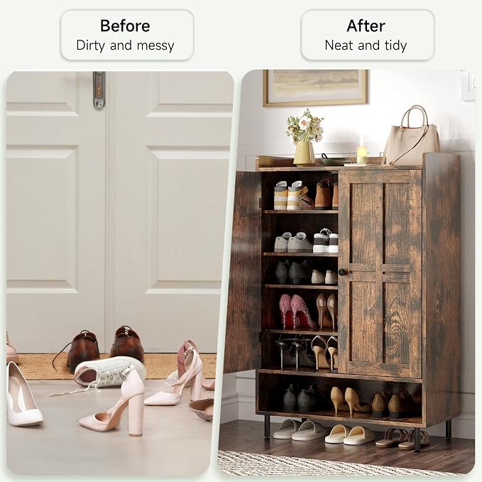 ONBRILL Shoe Storage Cabinet with Cross Molding Doors, 6-Tier Shoe Cabinet with 3 Adjustable Shelves and Metal Legs, 45 Inch Tall Shoes Rack Organizer for Entryway, Front Door, Rustic Brown