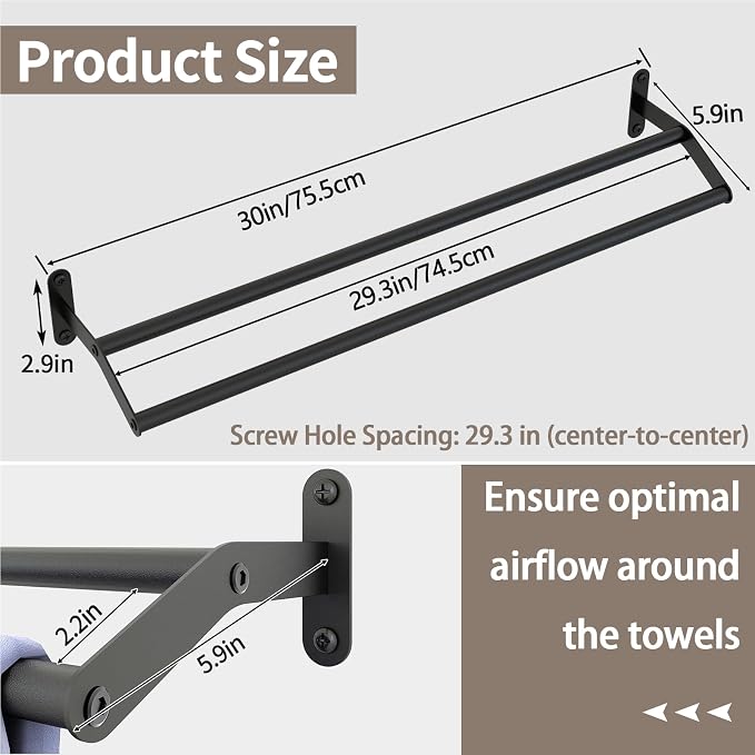 JUYSON Double Towel Bar for Bathroom, 30 Inch Towel Rack, Black | Wall Mounted, Stainless Steel, Rust Resistant, Space-Saving Design, Easy Installation