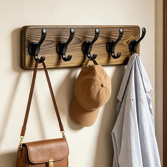 17" Coat Rack Wall Mount with 5 Metal Hooks, Rustic Wall Mounted Coat Rack | Pine Solid Wood Coat Hook Hanger - Wall Coat for Hanging Clothes Key Robes Towels Coats