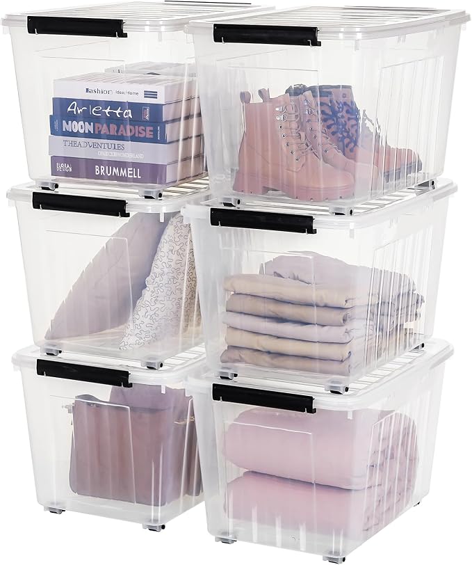 Citylife 82 Quart Large Clear Plastic Storage Bins with Lids 6-Pack | Stackable, Secure latching lids, Easy Find, Clothes Storage Bins for Closet Bedroom Garage