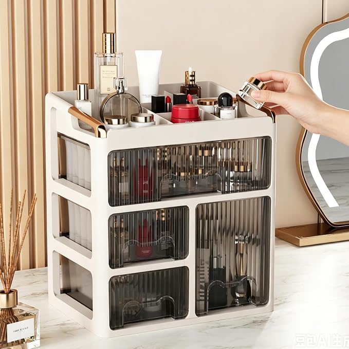 GearFusion Cosmetic Organizer, Makeup Storage Box with Drawers for Vanity, Plastic Beauty Countertop Cabinet with Clear Doors, Skincare, Perfume, Lipstick, Brush Holder for Dresser, Bathroom, Bedroom