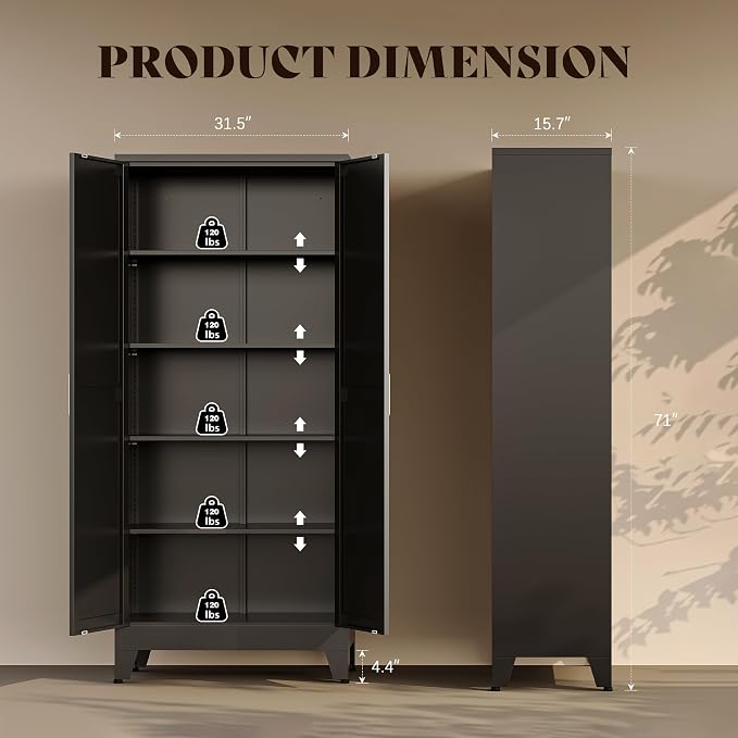 71" H Black Metal Storage Cabinets,Garage Storage Cabinet,Tall Pantry Cabinet with Doors,Kitchen Food Storage Cabinet,Farmhouse Storage Cabinets for Kitchen, Dining Room