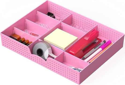Simple Houseware Drawer Organizer Tray, 9 Adjustable Compartments, Pink | For Office, Makeup, and Craft Drawer or Desktop Storage