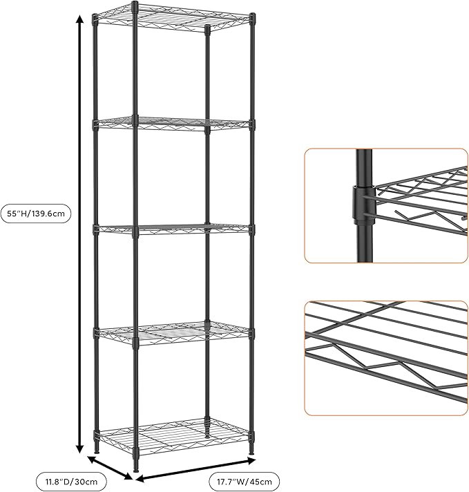 M MZG 5 Tiers Shelf Metal Storage Shelves Wire Rack Closet Organizers with Wheel for Garage Kitchen Bathroom Laundry Black 11.8" D x 17.7" W x 55" H