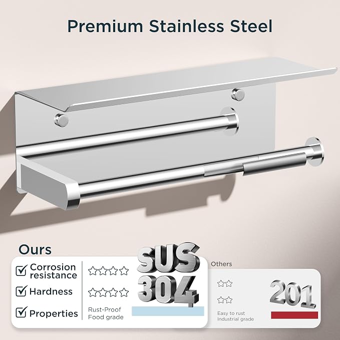 FORIOUS Wall Mount Paper Towel Holder with Shelf for Kitchen, Chrome | Heavy Duty SUS304 Stainless Steel Paper Roll Organizer with Storage Spice Shelf, Screw-in for Bathroom, RV & Garage
