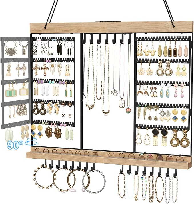 Feyejade Large Rotating Hanging Jewelry Organizer, 5-Tier Earring Holder Storage Holds up to 180 Pairs, Wall Mounted Jewelry Rack for Earrings, Necklaces, Bracelets and Rings, for Girls, Black