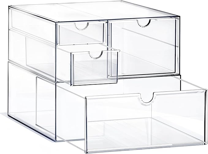 Prsildan Acrylic Drawer Makeup Organizer with 4 Drawers, Set of 2 | Clear, Baby Bottle Storage, For Vanity Countertop Bathroom Cosmetic Office Desk, Craft Jewelry Art Supply Organization