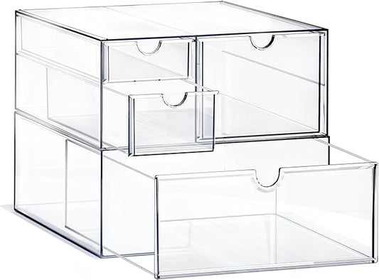 Prsildan Acrylic Drawer Makeup Organizer with 4 Drawers, Set of 2 | Clear, Baby Bottle Storage, For Vanity Countertop Bathroom Cosmetic Office Desk, Craft Jewelry Art Supply Organization