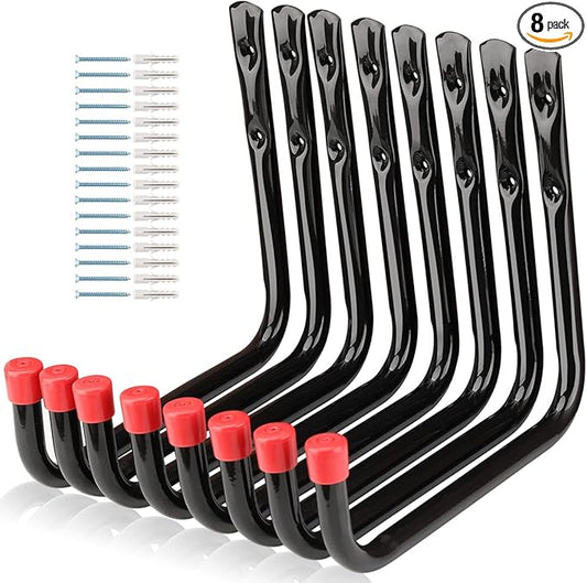 8 Pack Wall Mount Storage Hooks, 9.6IN Garage Utility Hanger for Ladder, Hold Chairs, Garden Tool, Hose, Bike