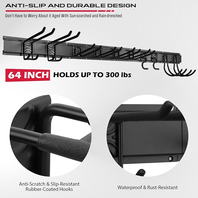SEDY 64" Heavy Duty Garage Storage Tool Organizer Wall Mount - Tool Rack with Adjustable Hooks, Anti-Rust, 300lbs Capacity - Easy Installation (4 Racks, 10 Hooks, 3 Straps)