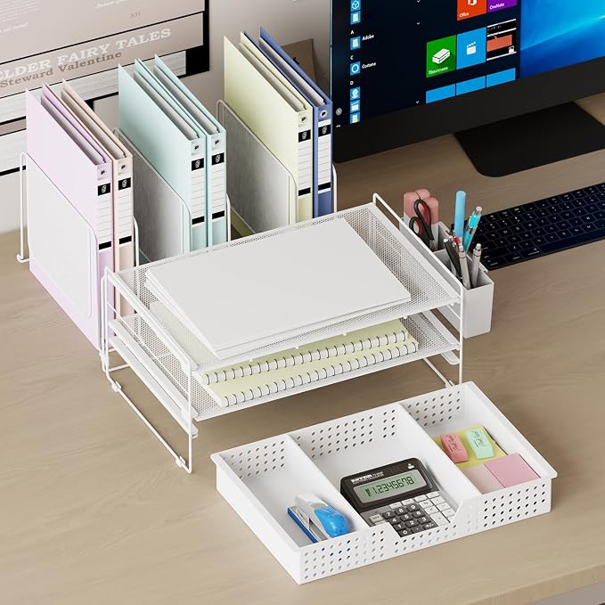 LEKETREE Desk Organizer, Office Organization with Vertical File Holder, File Organizer with Drawer and Pen Holder, Desk Accessories and Workspace Organizers for Home Office (White)