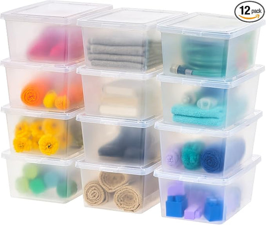 IRIS USA 12-Pack 17 Qt Storage Bins with Lids, Clear, Stackable | Ideal for shoes, crafts, office supplies and pantry items, nestable design, transparent design makes contents easy to find