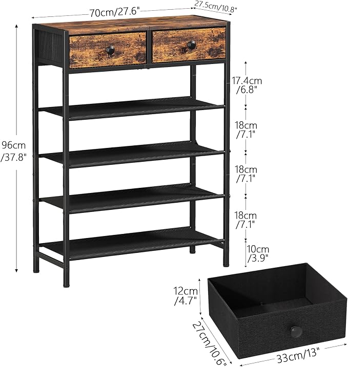 5 Tier Shoe Rack with 2 Drawers, Rustic Brown | Holds 16-20 pairs. Fabric shelves prevent dust. Drawers for small items. 20-min assembly with clear guide.