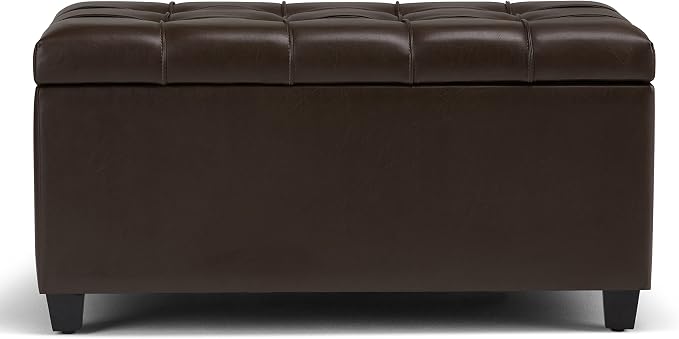 SIMPLIHOME Shiloh 48" Wide Vegan Leather Rectangle Ottoman in Saddle Brown | Transitional ottoman with tufting and lift-up lid; rectangle storage bench for living room or entryway.