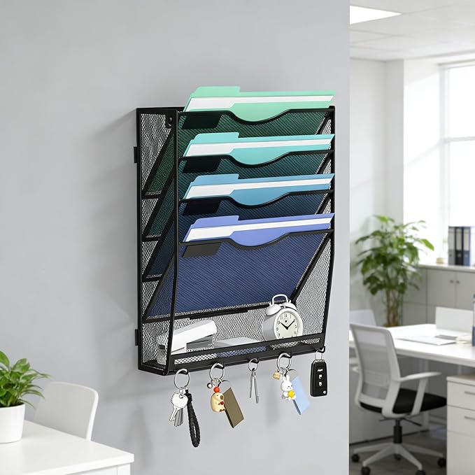 Gawerk 5-Tier Hanging Wall File Organizer with 5 Hooks - Wall Mounted Mail Paper Document Folder Holder, Sturdy Mesh Magazine Rack for Office Home