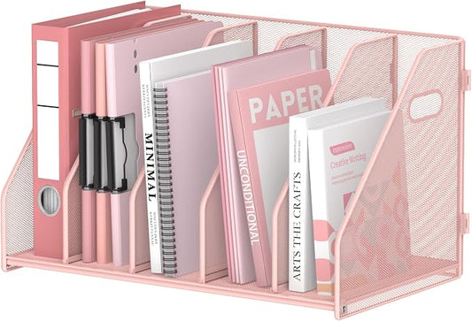 Binder Organizer, Magazine File Holder with 5 Vertical Rack, Pink | Metal Desk File Organizer & Binder Holders, Magazine Organizers for Office Desktop, Home, School, Classroom