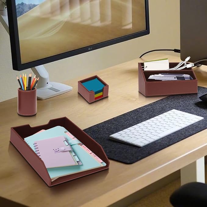 Office Supplies PU Leather 6-Piece Desk Organizer with Writing Pad, Letter Tray, File Folder Sorter, Pen Cup, Note Holder, Business Card Holder - Brown