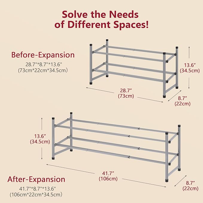 Expandable Shoe Rack for Closet 2 Tier, 28“-41“Stackable, Grey | Adjustable Shoe Organizer Closet Shoe Rack Floor, Metal Shoe Shelf Storage for Entryway, Closet, Garage, Front Door Entrance