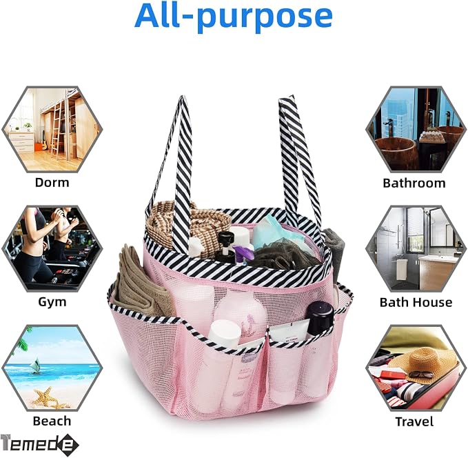 Temede Mesh Shower Caddy Portable for College Dorm Room Essentials | Large Capacity 8-Pocket Shower Tote Bag, Toiletry Bag with Quick-Dry and Dual Handles for Girls, Dorm, Travel, Camping