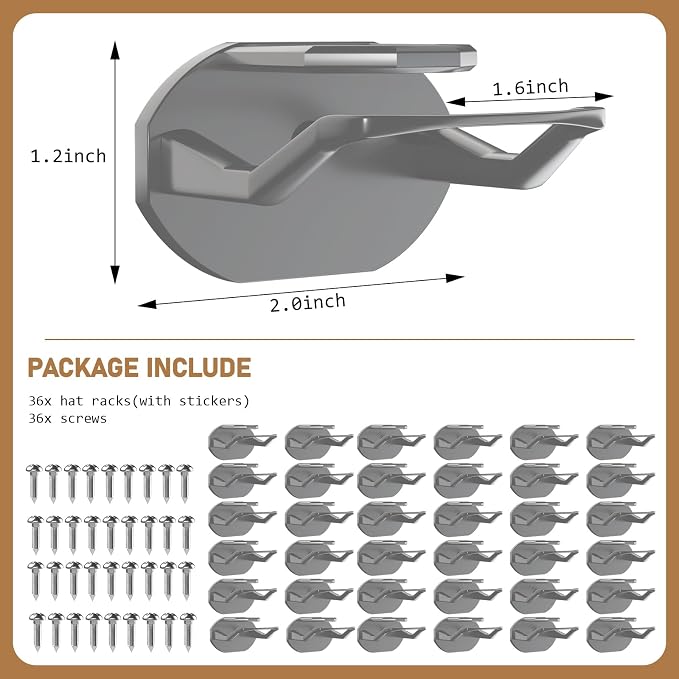 Niunuerga 36 Pack Adhesive Hat Hooks for Wall, Super Strong Hat Rack for Baseball Caps, Minimalist Hat Organizer Display for Home Decor, Hat Hangers Holder for Wall, Door, Closet, No Drilling (Gray)