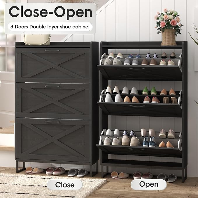 Maupvit Shoe Storage Cabinet with 3 Flip Drawers, Freestanding Organizer with Metal Legs for Entryway, Narrow Shoe Rack Cabinet, Black