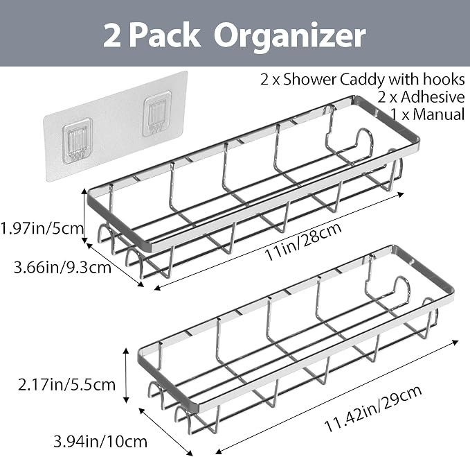 Shower Caddy Organizer with Hooks,Self Adhesive Bathroom Shelves,No Drilling Bathroom Organizers and Storage,Perfect for RV, Apartment, Home Decor,2 Pack Silvery
