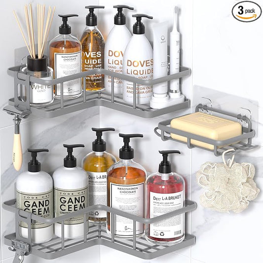 YASONIC Corner Shower Caddy Adhesive, 100% Rustproof Shower Organizer with Soap Holder, No Drill Shower Shelf for Inside Shower, Wall-Mounted Shower Storage for Homes (3 Pack, Grey)