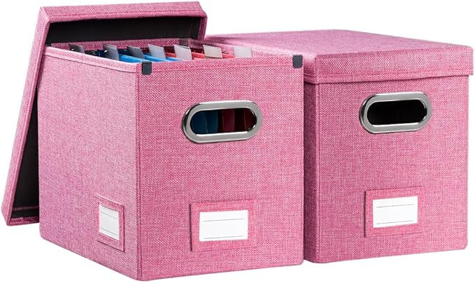 File Organizer Box - Set of 2 Collapsible Decorative Linen Filing Storage Hanging File Folders with Lids Office Cabinet Letter Size Pink (14x9.3x10.8 inch)