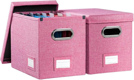 File Organizer Box - Set of 2 Collapsible Decorative Linen Filing Storage Hanging File Folders with Lids Office Cabinet Letter Size Pink (14x9.3x10.8 inch)