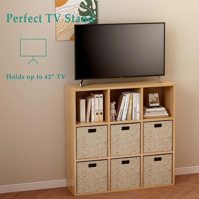 OSCHF 9-Cube Storage Shelf Bookcase, Oak | Wooden 3-Tier Open Bookshelf, Fits 11×11" Bins, Vertical or Horizontal Use, Full Back Panels, For Home Office