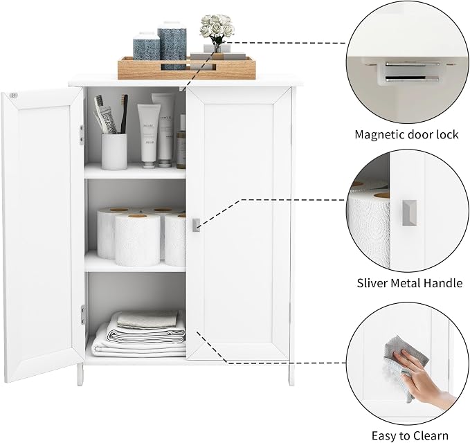 Bathroom Cabinet with Adjustable Shelf Freestanding Storage Cabinet with 2 Doors Wooden Organizer Floor for Bathroom Kitchen and Living Room (White, 2 Doors)