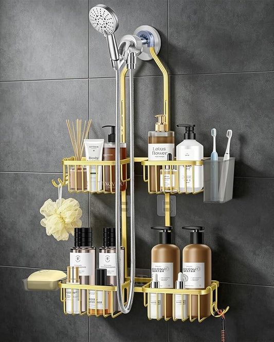 Adjustable Hanging Shower Caddy for Handheld Showerhead, Rustproof Aluminum Over Shower Head Organizer, Renter-Friendly No-Swing Storage for Tall Bottles & Soap, 2-Tier, Gold