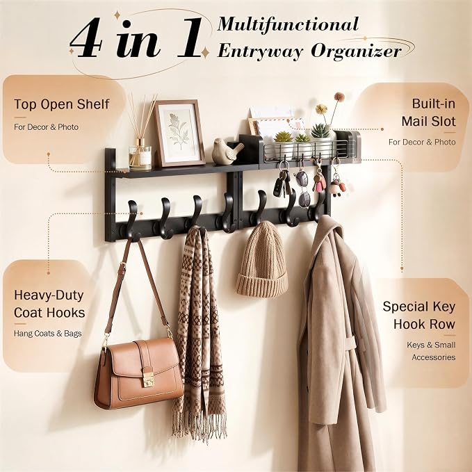 Delamu 29" Wall Mounted Coat Rack with Shelf, 4 in 1 Wall Shelf with 11 Hooks, Entryway Coat Hanger Wall Mount for Living Room and Bedroom, Black