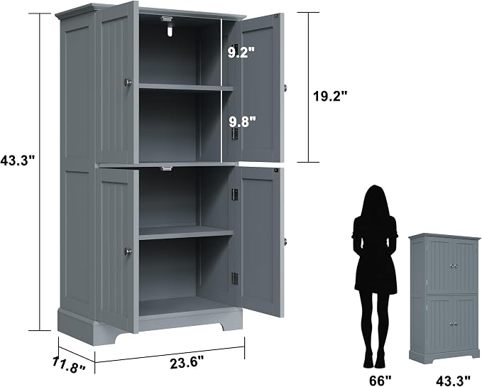 ChooChoo Bathroom Floor Cabinet with Adjustable Shelves | Bathroom Storage Cabinet, 4 Doors, Freestanding Cupboard for Living Room, Grey