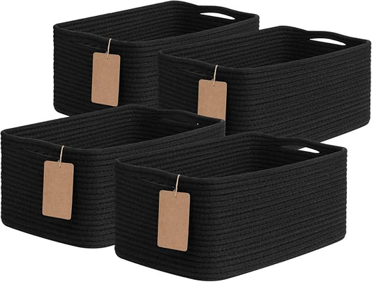 Goodpick 4 Pack Cotton Rope Storage Baskets with Handles, Black | 13" x 8" x 6", Rectangle Design, Shelf Organization, Closet Storage, Baby Toys, Books, Nursery Essentials & Decor