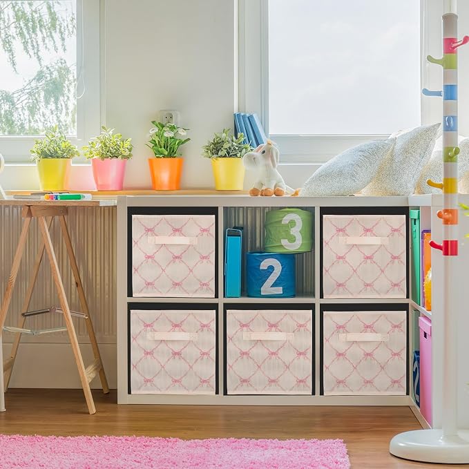 6 Pcs Beige Bow Cube Storage Bins 11 Inch Storage Basket with Handle, Preppy Girls Organizer Basket, Collapsible Fabric Box for Classroom Bedrooms Office Home Decoration Gift