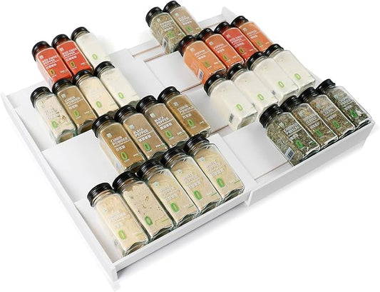 Bamboo Spice Drawer Organizer, (Need 3.1” Deep Drawer) Expandable 4 Tier Spice Rack for Cabinet (From 12" to 23" Wide), Seasoning Storage Insert, Spice Organizer for Drawer,Jars Not Included
