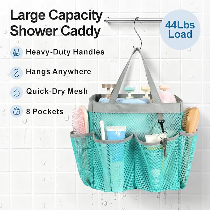Mesh Shower Caddy Portable - 8 Pockets, S-Hook, Shower Bag for Dorm Camping | 2-Handle, Quick-Dry, Hanging Toiletry Organizer, College Dorm Room Essentials for Girls, Gym, Travel & Bathroom, Mint Green