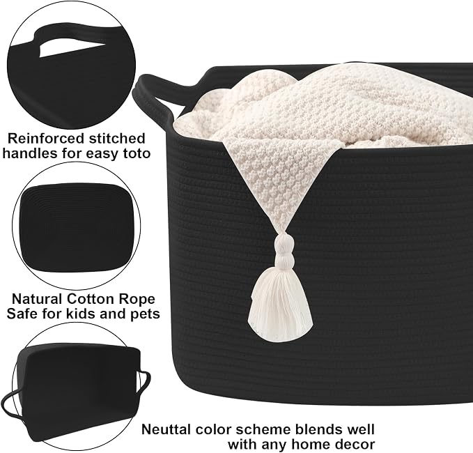 96L Extra Large Black Cotton Rope Laundry Basket with Sturdy Handle | 24x16x15 Foldable Rectangular Blanket Basket for Toys, Clothes & Pillows,Ideal for Nursery, Bathroom, Bedroom, Living Room